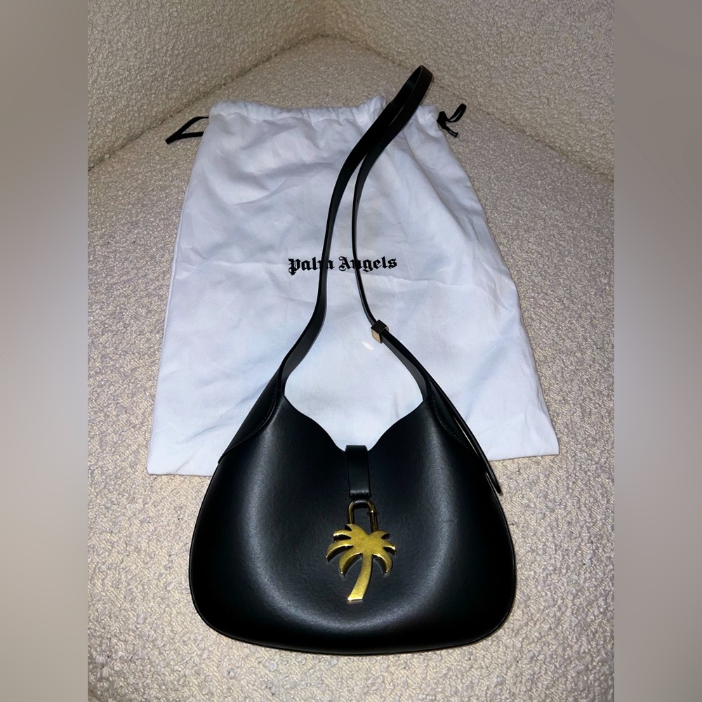 PALM ANGELS BLACK LEATHER HOBO BAG W/ GOLD PALM TREE LOGO CHAIN